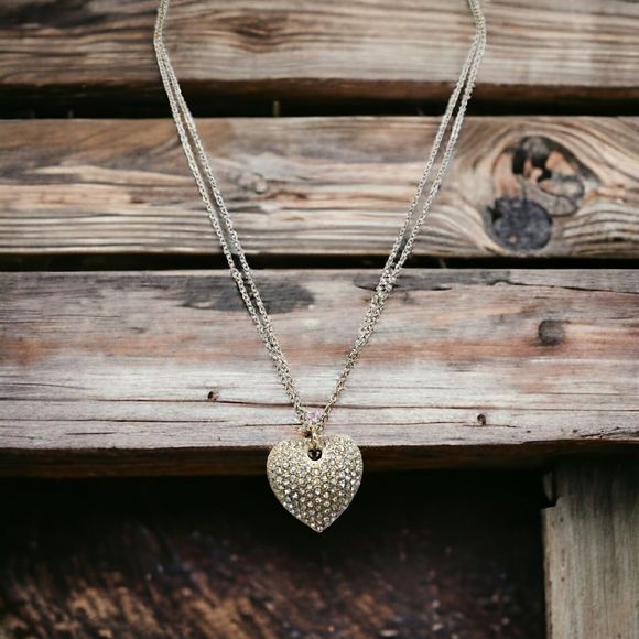 Puffy Pave Heart Necklace Gold Tone Rhinestone Double Chain Feminine Romantic - Picture 13 of 13